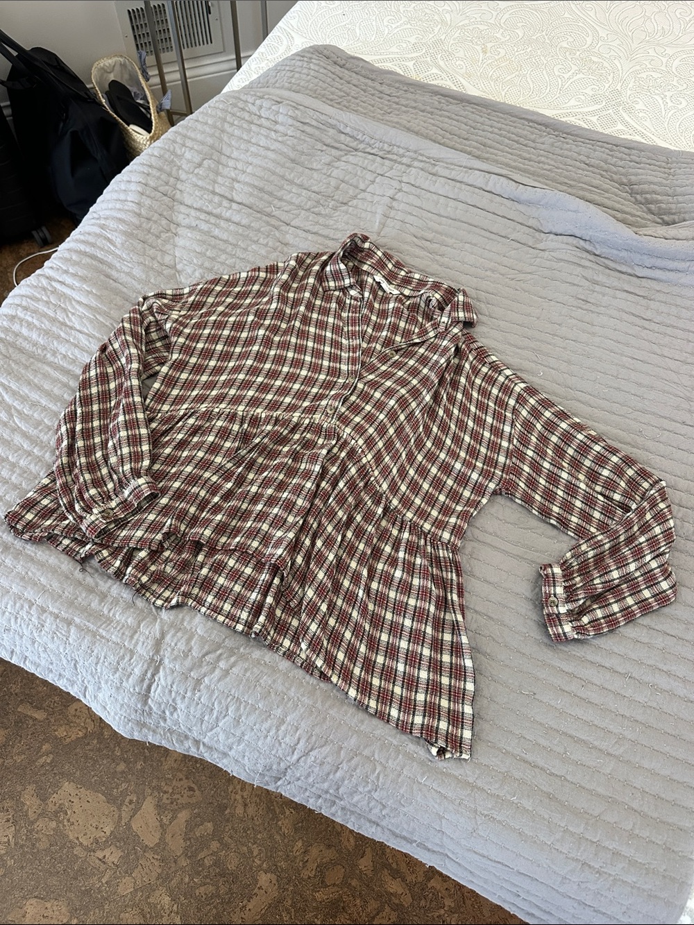 American Eagle Outfitters Burgundy & White Plaid Peplum Button-Front Top